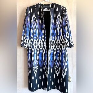 Vintage Albert Nipon Silk Ikat Print Open Front Jacket Coat Blue Black Sz 12